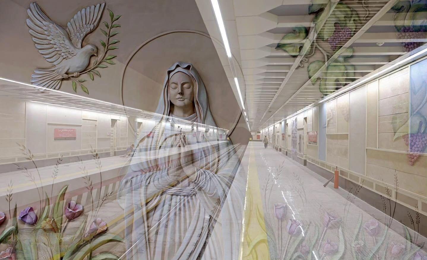 Carved portrait of Mary at 'Holy Virgin Mary Subway Station' in Tehran