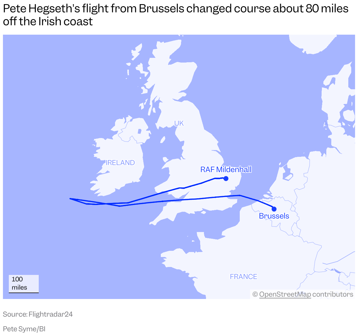 A map showing the flight path of a Boeing C-32A carrying Pete Hegseth on October 15, 2025, from Brussels, then diverting to RAF Mildenhall.