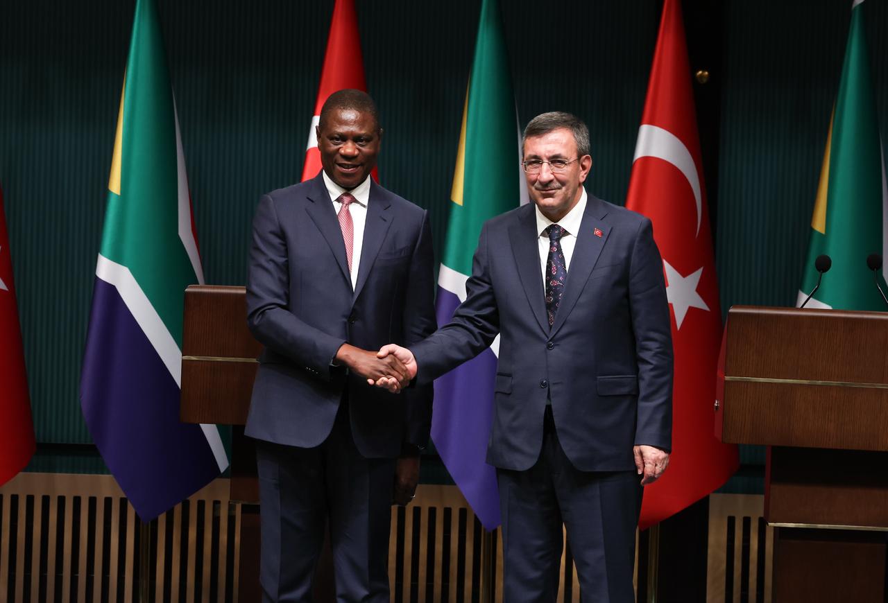Vice President Cevdet Yilmaz (R) and Deputy President of the Republic of South Africa Paul Shipokosa Mashatile (L) hold a joint press conference after the signing ceremony for agreements as part of the Bilateral National Commission Meeting at the Presidential Complex in Ankara, Türkiye on Oct. 15, 2025. (AA Photo)