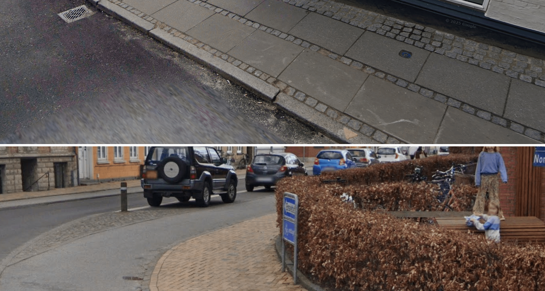 I feel that practially always sidewalks in Denmark are like the top picture (even in pictures from the 1940's or earlier, so this design decision was taken a long time ago). Large slabs with smaller rectangular stones between them. Except for Odene, that uses these yellowish bricks. Why?