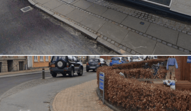 I feel that practially always sidewalks in Denmark are like the top picture (even in pictures from the 1940's or earlier, so this design decision was taken a long time ago). Large slabs with smaller rectangular stones between them. Except for Odene, that uses these yellowish bricks. Why?