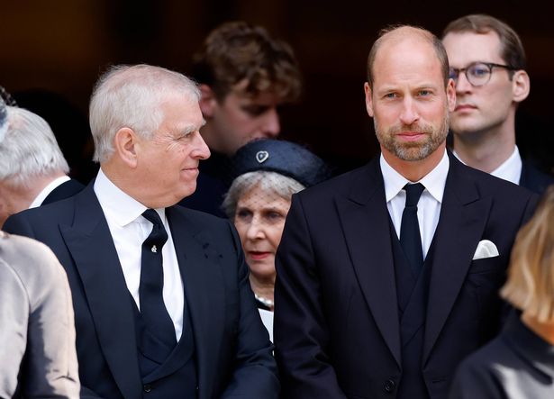 LONDON, UNITED KINGDOM - SEPTEMBER 16: (EMBARGOED FOR PUBLICATION IN UK NEWSPAPERS UNTIL 24 HOURS AFTER CREATE DATE AND TIME) Prince Andrew, Duke of York and Prince William, Prince of Wales attend Katharine, Duchess of Kent's Requiem Mass service at Westminster Cathedral on September 16, 2025 in London, England. Katharine, Duchess of Kent was married to Prince Edward, Duke of Kent, a first cousin of Queen Elizabeth II. She died on September 4 at the age of 92 at Kensington Palace surrounded by her family. Having converted to Catholicism in 1994, her funeral takes place at Westminster Cathedral and is the first Catholic funeral to be held for a member of the royal family in modern British history. Her Royal Highness will be laid to rest at the Royal Burial Ground at Frogmore, Windsor. (Photo by Max Mumby/Indigo/Getty Images)