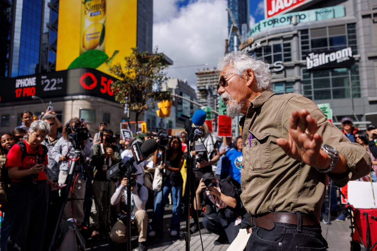 David Suzuki, Canadian environmentalist speaks before marching to protest policies under Prime Minister Mark Carney's government in Toronto, Ontario, Canada September 20, 2025. 