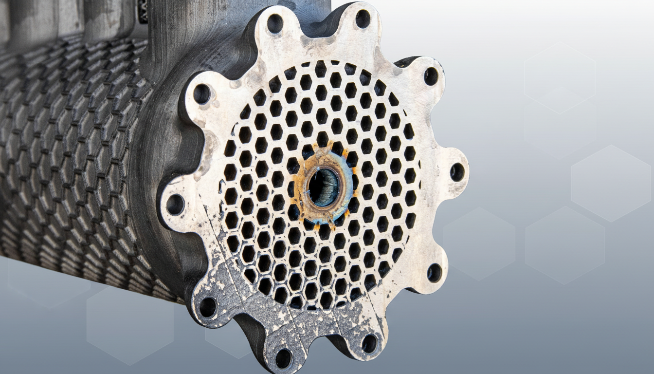 A close-up of a metal industrial component with a hexagonal grate pattern, resized to a 16:9 aspect ratio with a professional flat design background featuring soft hexagonal patterns and a gradient.