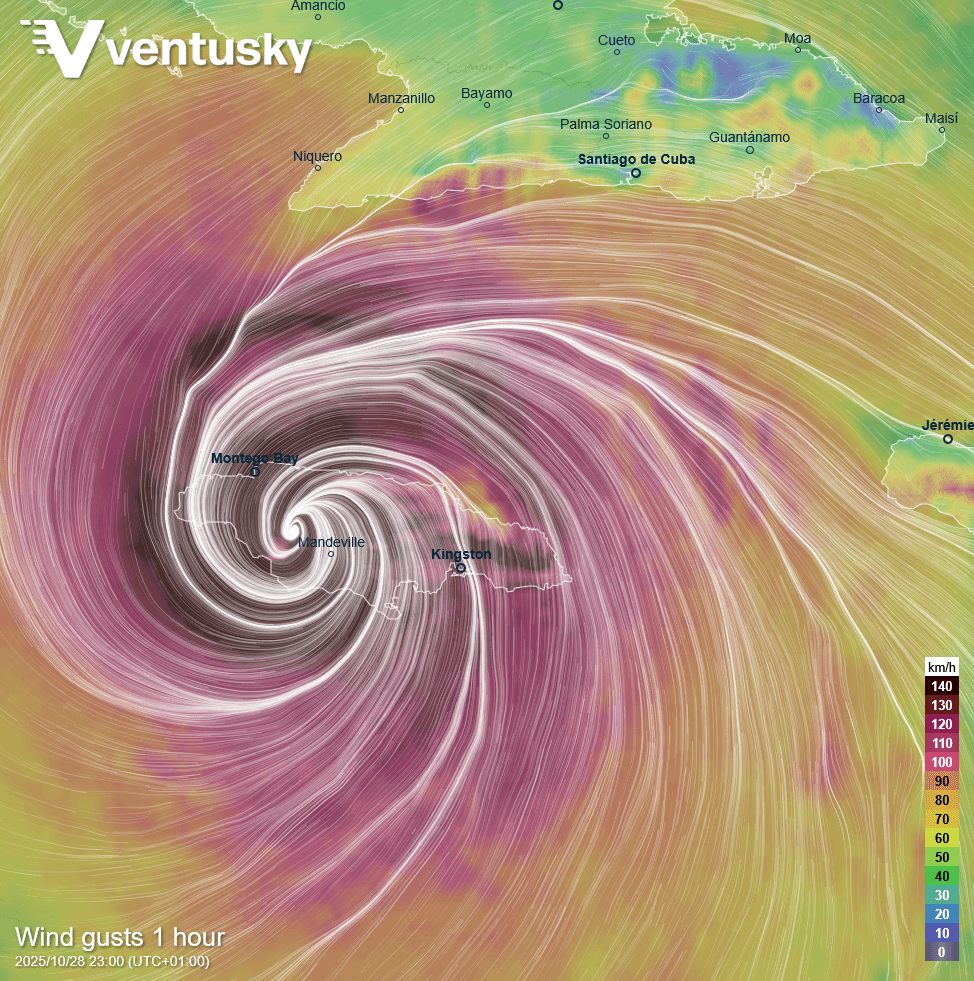 The projected position of Hurricane Melissa over Jamaica from the high-resolution HARMONIE model (Ventusky.com) [OC]