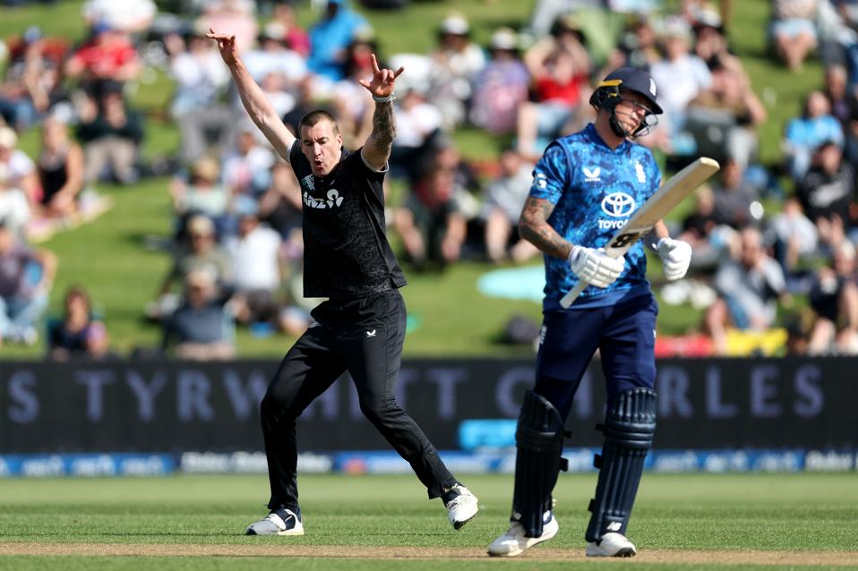 Blair Tickner celebrates the dismissal of Brydon Carse during the second ODI at Hamilton.