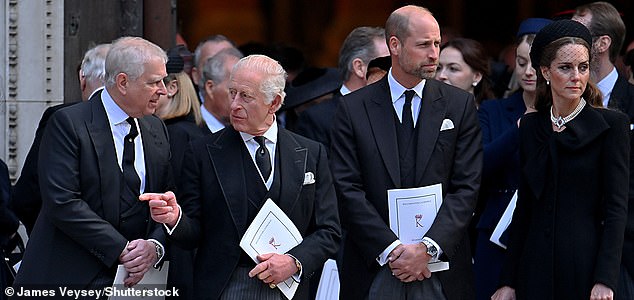 Mandatory Credit: Photo by James Veysey/Shutterstock (15488371dy) Prince Andrew, King Charles III, Prince William and Catherine Duchess of Cambridge State funeral for The Duchess of Kent, Westminster Abbey, London, UK - 16 Sep 2025