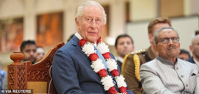 King Charles III looks on during a visit to BAPS Shri Swaminarayan Mandir (known as the 'Neasden Temple') in Neasden, London, Britain, October 29, 2025.    Aaron Chown/Pool via REUTERS