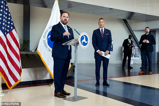 National Air Traffic Controllers Association (NATCA) President Nick Daniels speaks during a press conference next to U.S. Transportation Secretary Sean Duffy to discuss the impact of the government shutdown on air safety workers and travel at Philadelphia International Airport in Philadelphia, Pennsylvania, U.S., October 24, 2025.  REUTERS/Rachel Wisniewski