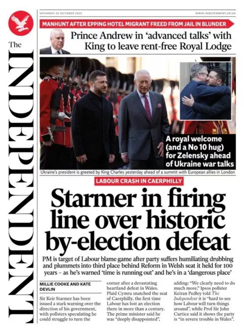 The headline on the front page of the Independent reads: "Starmer in firing line over historic by-election defeat".