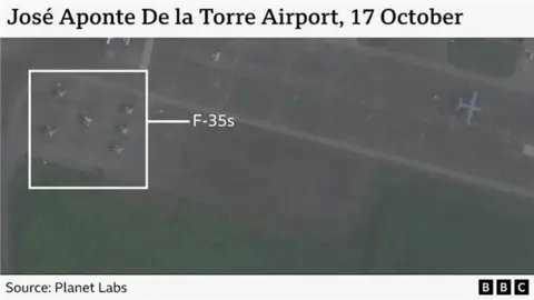 A satellite image of the runway at Jose Aponte De La Torre airport, Puerto Rico. A cluster of planes at the top left have been highlighted and labelled as US F-35 fighter jets. 