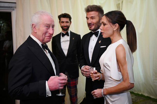 King Charles talks to David and Victoria Beckham