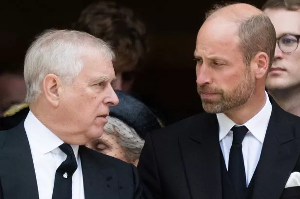 Prince Andrew and Prince William are pictured at the Duchess of Kent's funeral