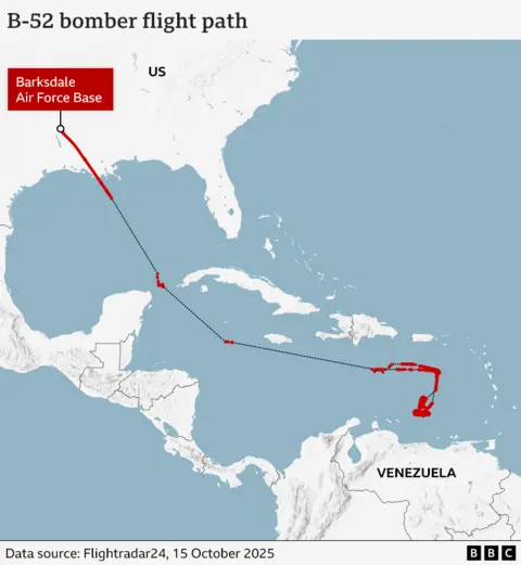 Map showing the flight path of US B-52 bombers which left the US and flew near to the coast of Venezuela in October. 