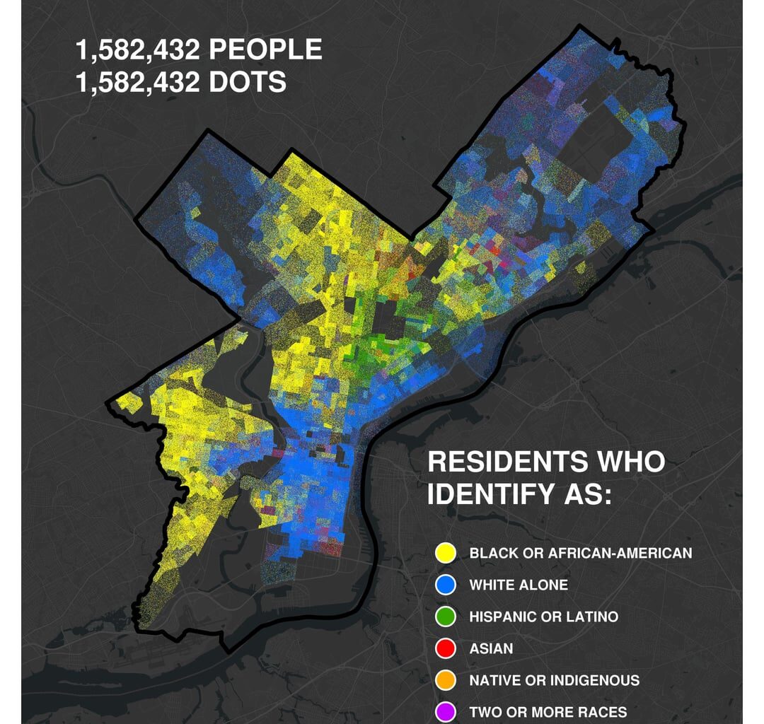 Philadelphia racial demographics plotted as a point for every resident