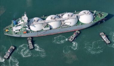 An LNG tanker at a port in Yantai, China