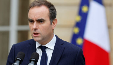 French outgoing Prime Minister Lecornu makes an address at Matignon in Paris