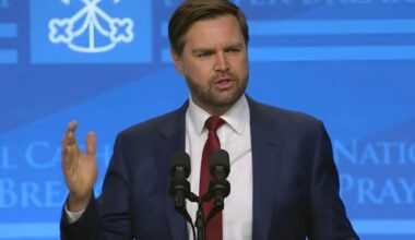 Vice President JD Vance speaks at the 2025 National Catholic Prayer Breakfast in Washington, DC.