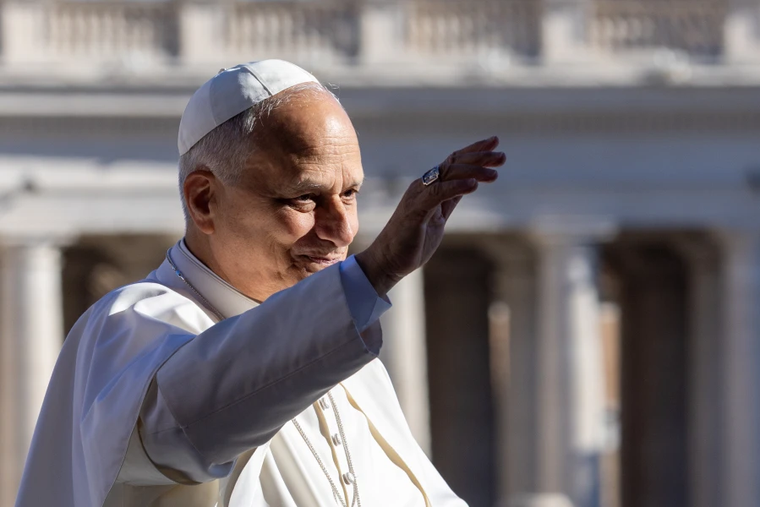 Pope Leo XIV greets pilgrims at his general audience in St. Peter's Square at the Vatican, Wednesday, Oct. 8, 2025