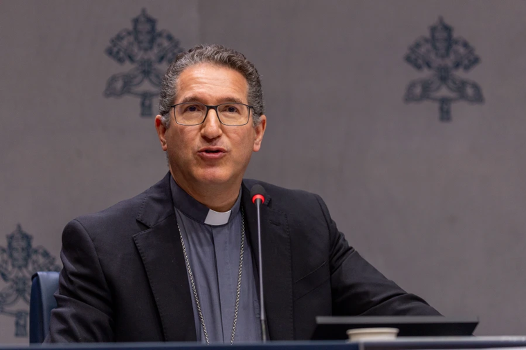 Bishop Luis Manuel Alí Herrera, the secretary of the Pontifical Commission for the Protection of Minors, addresses media during a press conference releasing the commission’s second annual report on Thursday, Oct. 16, 2025, in Rome.