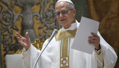 Pope Leo XIV speaks during a mass with cardinals in the Sistine Chapel in the Vatican on May 9, 2025, in this photo taken and handed out by the Vatican Media.