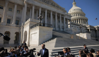 US House Minority Leader Hakeem Jeffries (D-NY) speaks to members of the media on the ongoing Congressional government shutdown negotiations outside of the US Capitol Building on Oct. 09, 2025 in Washington, DC.
