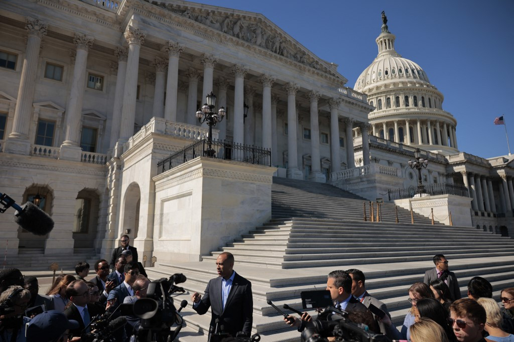US House Minority Leader Hakeem Jeffries (D-NY) speaks to members of the media on the ongoing Congressional government shutdown negotiations outside of the US Capitol Building on Oct. 09, 2025 in Washington, DC.