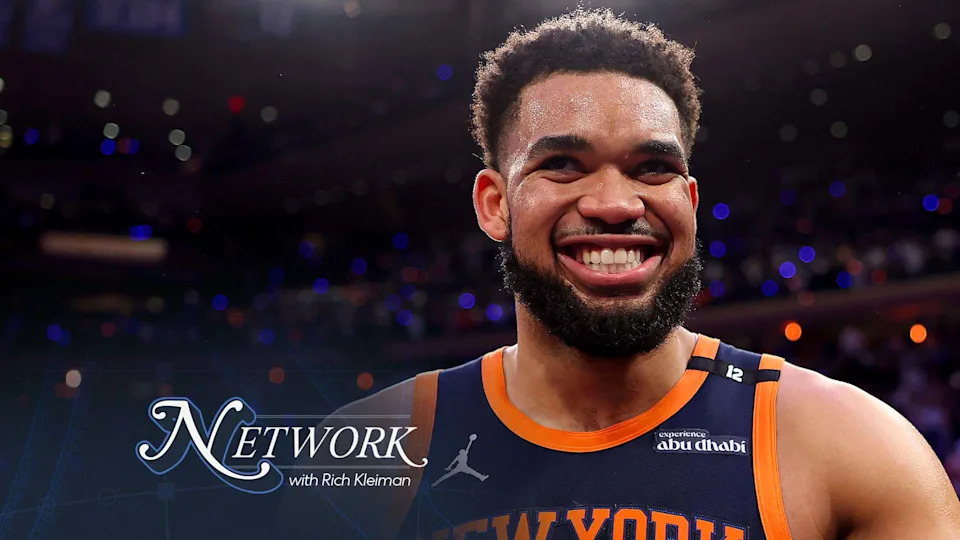 Karl-Anthony Towns #32 of the New York Knicks celebrates the win over the Boston Celtics after Game Four of the Eastern Conference Second Round NBA Playoffs at Madison Square Garden on May 12, 2025 in New York City. (Photo by Elsa/Getty Images)