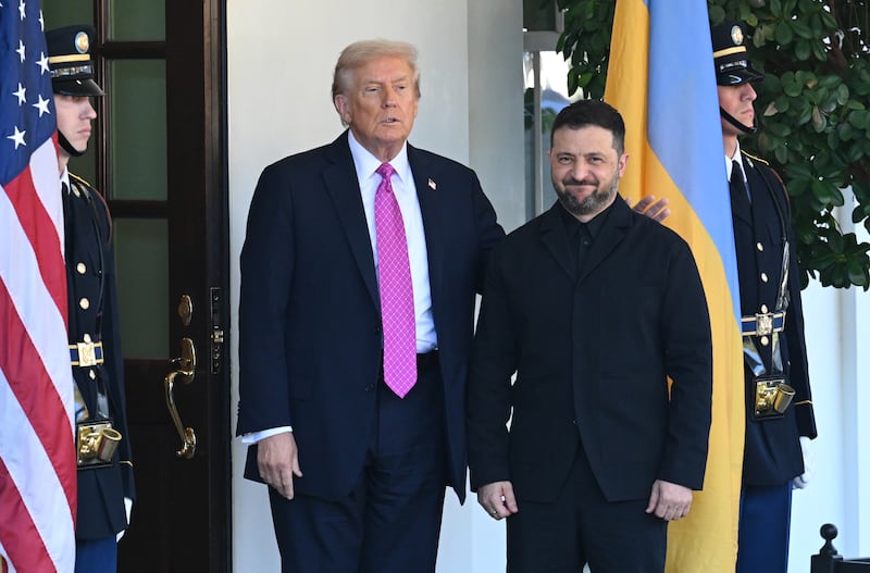 President Donald Trump (L) greets Ukrainian President Volodymyr Zelensky at the White House on Oct. 17, 2025 in Washington, D.C.