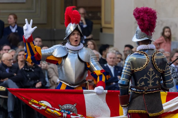 A Swiss Guard takes the swearing-in oath during a ceremony at the Vatican, Saturday, Oct. 4, 2025. Credit: Daniel Ibáñez/CNA
