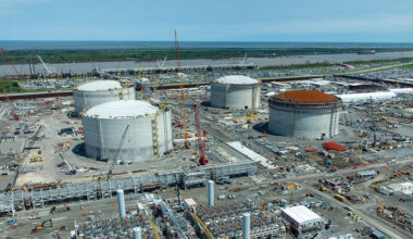 An aerial view of Plaquemines LNG, Venture Global’s export terminal on the west bank of the Lower Mississippi River in Plaquemines Parish, La. (Photo courtesy of Venture Global)