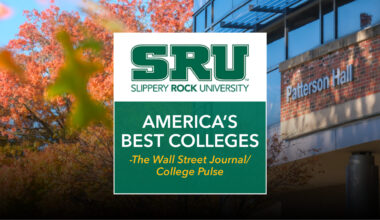 Graphic that says SRU America's Best Colleges in front of a fall campus photo and Patterson Hall.