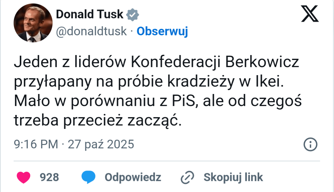 Poseł Nowej Nadziei Konrad Berkowicz miał próbować wynieść ze sklepu IKEA towar o wartości blisko 400 zt.