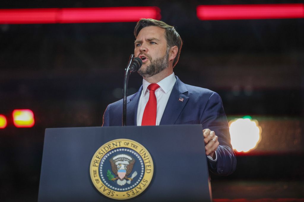 U.S. Vice President JD Vance speaks during the memorial service for political activist Charlie Kirk at State Farm Stadium on September 21, 2025 in Glendale, Arizona. Kirk, the CEO and co-founder of Turning Point USA, was shot and killed on September 10th while speaking at an event during his "American Comeback Tour" at Utah Valley University