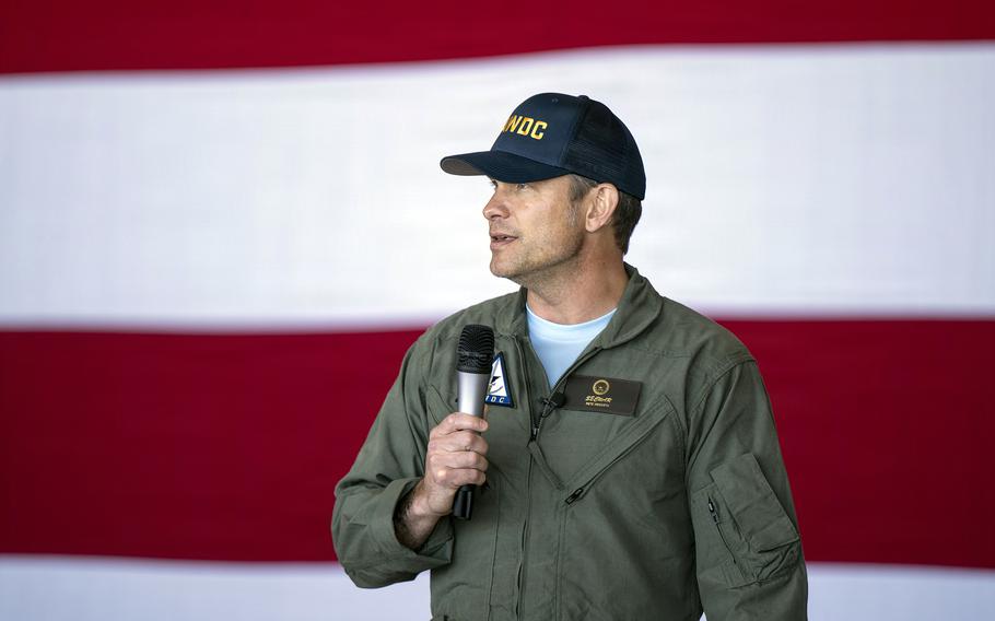 Defense Secretary Pete Hegseth speaks to sailors at Naval Air Station Fallon in Nevada, Oct. 19, 2025.