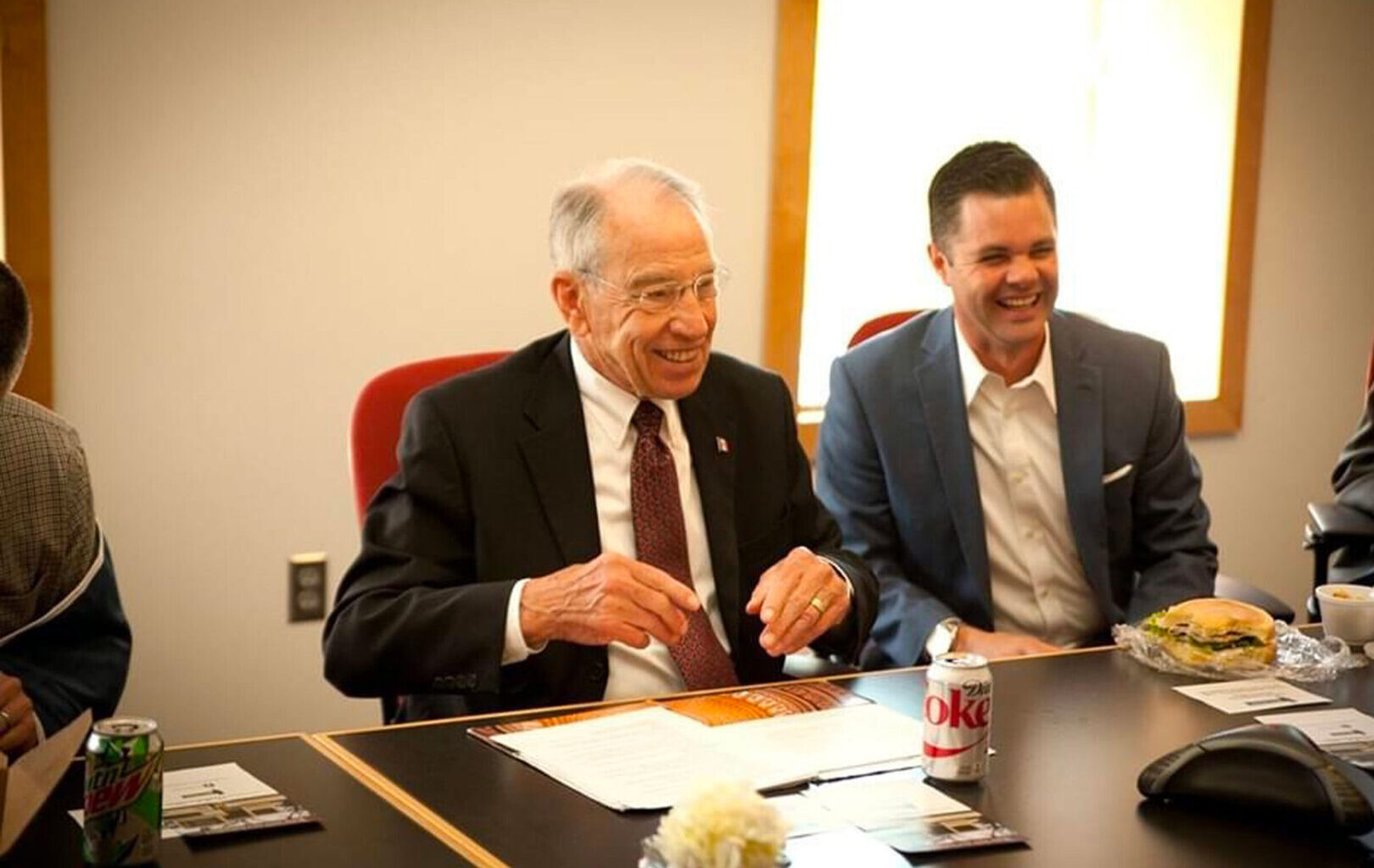 Sen. Charles E. Grassley has seen hundreds of staffers come up through his office over the years, including current Rep. Zach Nunn. Above, the pair participate in an Iowa roundtable.