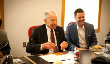 Sen. Charles E. Grassley has seen hundreds of staffers come up through his office over the years, including current Rep. Zach Nunn. Above, the pair participate in an Iowa roundtable.