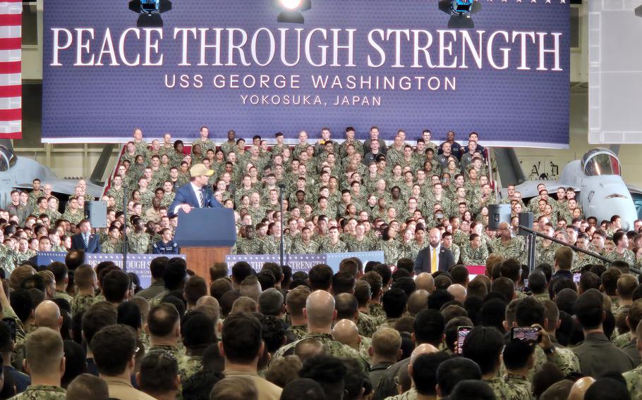 Defense Secretary Pete Hegseth speaks to service members aboard the aircraft carrier USS George Washington at Yokosuka Naval Base, Japan, Oct. 28, 2025. 