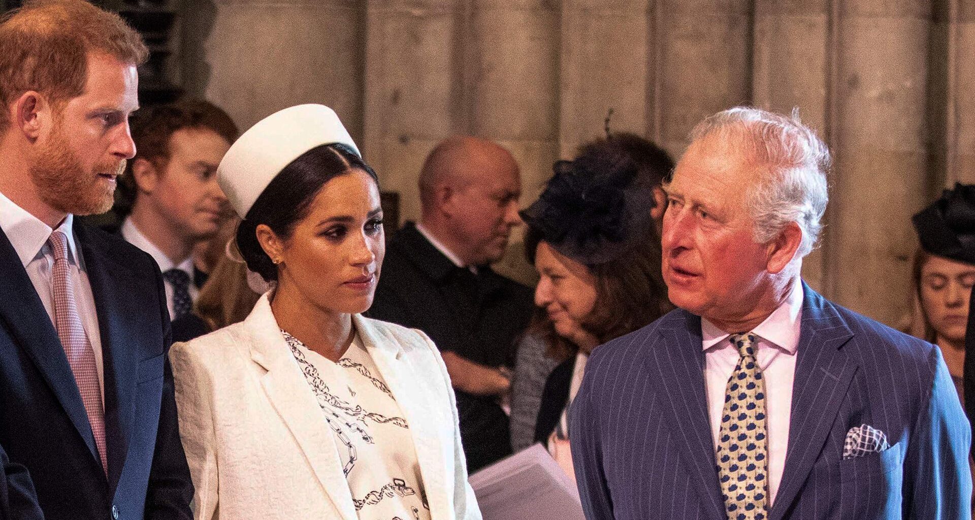 Britain's Meghan, Duchess of Sussex (2R) talks with Britain's Prince Charles, Prince of Wales (R) as Britain's Prince William, Duke of Cambridge, (L) talks with Britain's Prince Harry, Duke of Sussex, (2L) as they all attend the Commonwealth Day service at Westminster Abbey in London on March 11, 2019. Britain's Queen Elizabeth II has been the Head of the Commonwealth throughout her reign. Organised by the Royal Commonwealth Society, the Service is the largest annual inter-faith gathering in the United Kingdom. (Photo by Richard Pohle / POOL / AFP) (Photo by RICHARD POHLE/POOL/AFP via Getty Images)