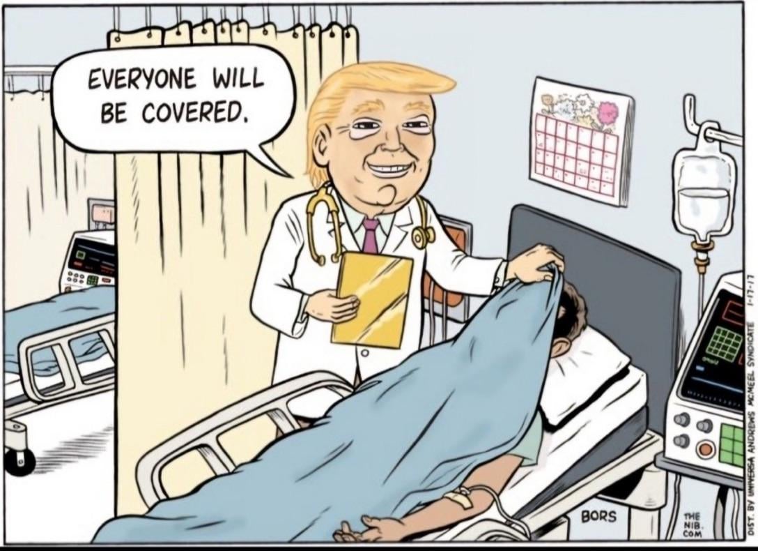 MAGATS’ health care plan finally revealed: a prayer, a GoFundMe, and a coupon for thoughts & prayers. Don’t worry, it’s “covered.”
