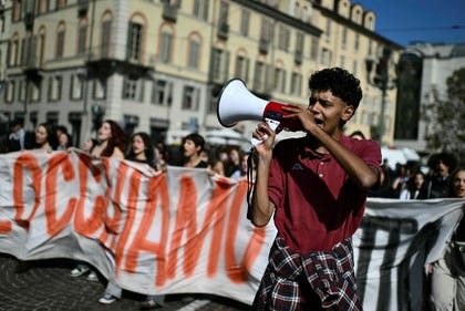 Students march during a protest to condemn the interception of the Global Sumud Flotilla by Israeli army, in Turin on Thursday. Credit: Marco Bertorello/AFP Students march during a protest to condemn the interception of the Global Sumud Flotilla by Israeli army, in Turin on Thursday.