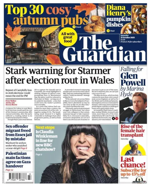 The headline on the front page of the Guardian reads: "Stark warning for Starmer after election rout in Wales."