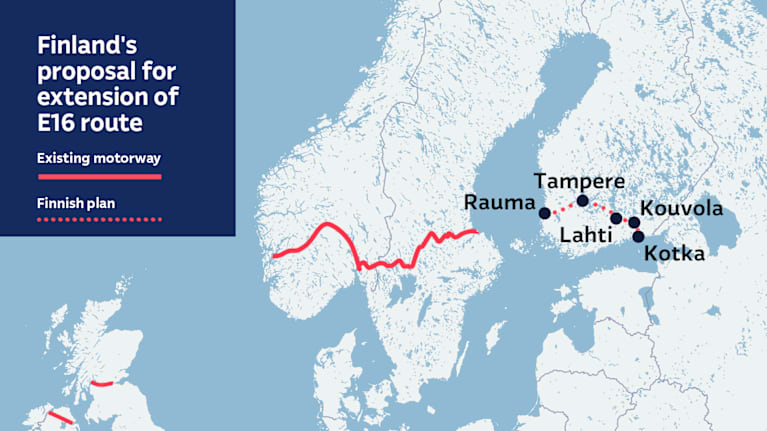Map with road segments marked in red across Northern Ireland, Scotland, Norway and Sweden and in a dotted line across southern Finland.