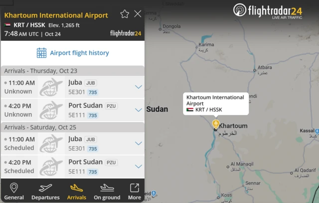 A screenshot from Flightradar24 showing arriving flights at Khartoum airport with some times marked as unknown and others as scheduled