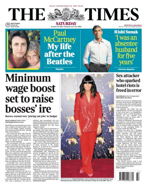 The headline on the front page of the Times reads: "Minimum wage boost set to raise bosses' ire".