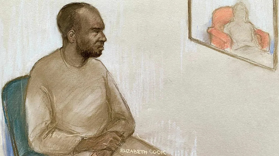 Court artist sketch by Elizabeth Cook of Hadush Gerberslasie Kebatu, a resident of the Bell Hotel in Epping in Essex, viewing a video of one of the alleged victims (who cannot be identified) being interviewed by police at his trial at Chelmsford Magistrates' Court, Essex, where he is charged with three counts of sexual assault, one count of inciting a girl to engage in sexual activity, and one count of harassment. Picture date: Tuesday August 26, 2025.
