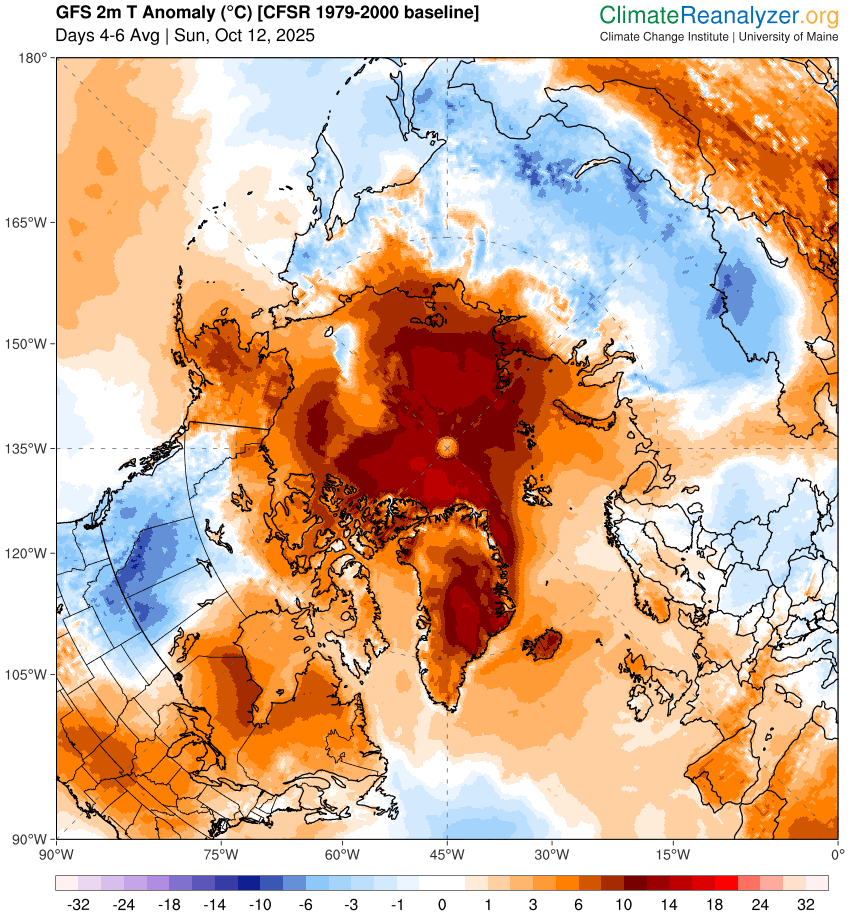 Temperature anomaly in the arctic and Greenland regions in the next few days, seems the arctic heatwave is going to be stuck there for a while.