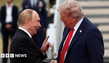 U.S. President Donald Trump shakes hand with Russian President Vladimir Putin, as they meet to negotiate for an end to the war in Ukraine, at Joint Base Elmendorf-Richardson in Anchorage, Alaska,