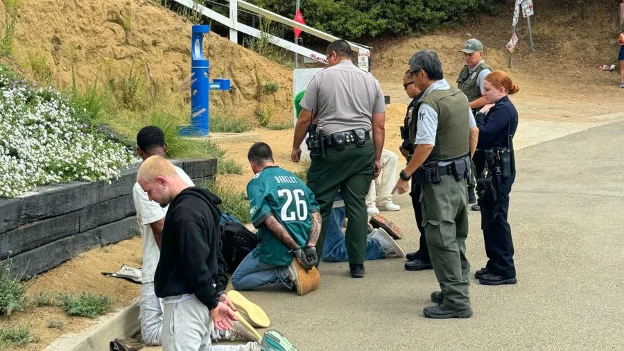 Six suspects are seen being detained after vandalizing the Hollywood sign. September 2025. (Jakey Hilly)