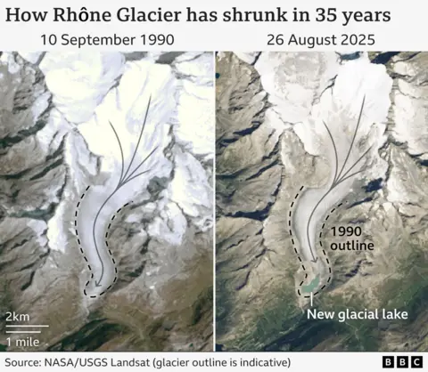 Satellite images showing how Rhône Glacier has shrunk between 1990 and 2025. The glacier flows from top to bottom of the image. The glacier front has noticeably retreated, and a glacial lake is now visible where the ice used to be. 